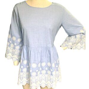 Sweet Magnolia Light-Blue Chambray w/ White Embroidered Floral Lace Sz L #48J